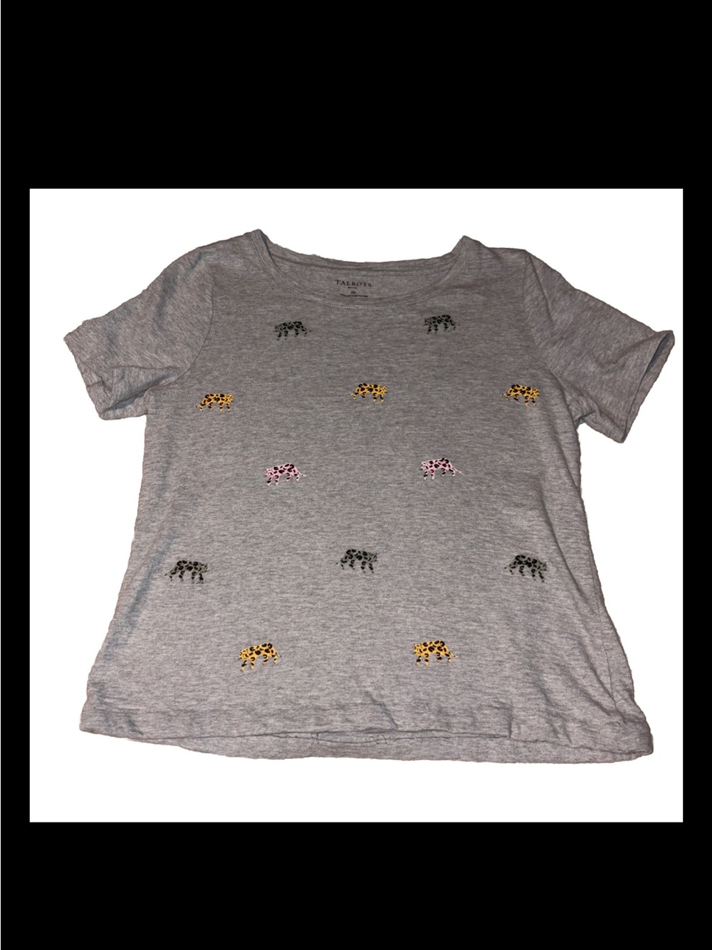 Talbots Gray Tee with Colorful Leopard Embroidery Size Medium Petite EUC